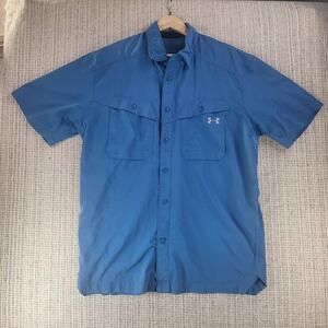 Under Armour Shirt Mens Medium‎ Blue HeatGear Short Sleeve Button Down Outdoors